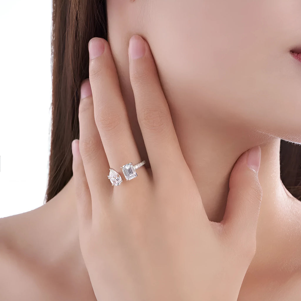 Square moissanite ring in 925 sterling silver with non-fading electroplated finish, drop-shaped geometric design, US 5-9.