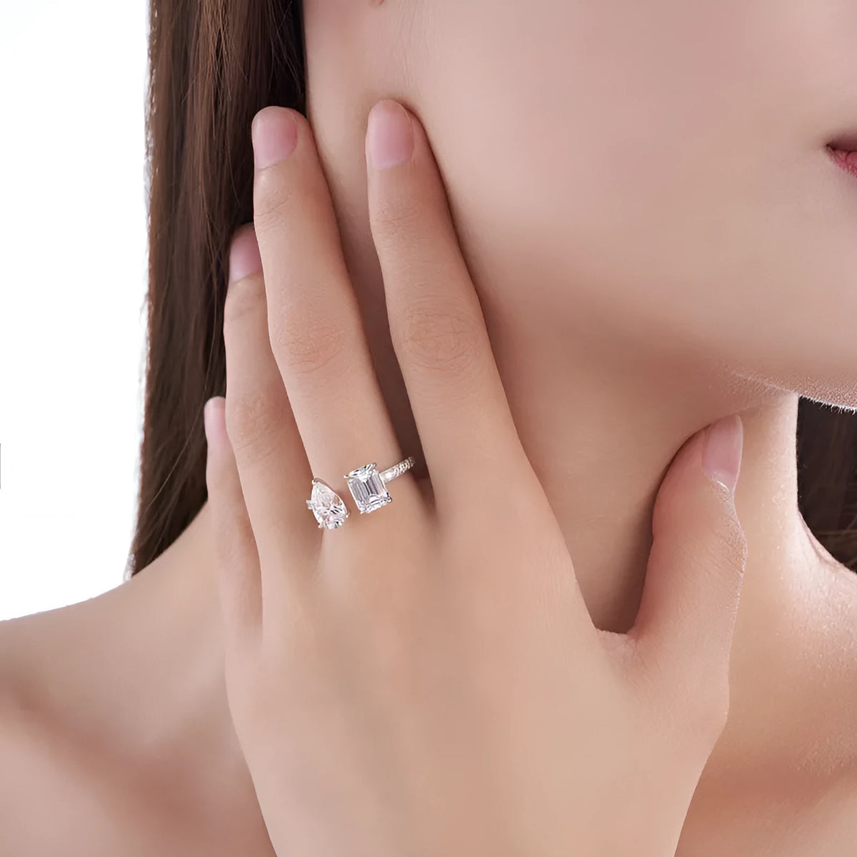 Square moissanite ring in 925 sterling silver with non-fading electroplated finish, drop-shaped geometric design, US 5-9.