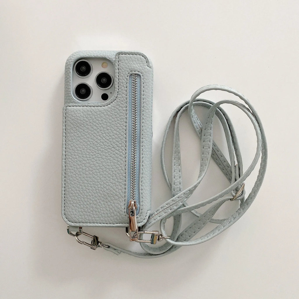 Lychee pattern imitation leather two-fold phone case with card slots and mirror, crossbody strap, for iPhone