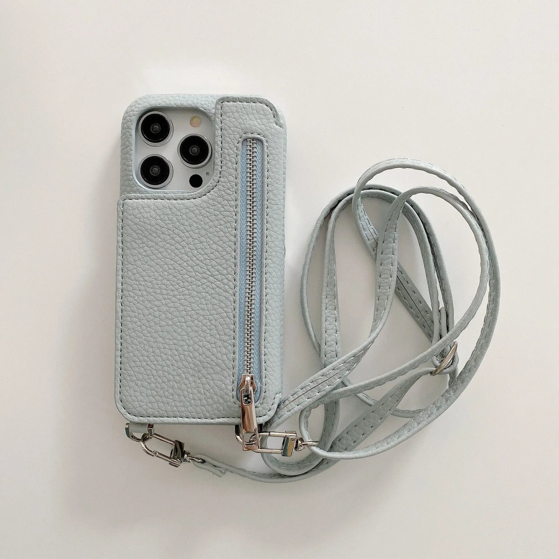 Lychee pattern imitation leather two-fold phone case with card slots and mirror, crossbody strap, for iPhone