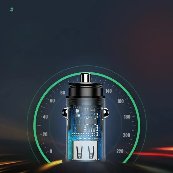 Black aluminium USB car charger with two ports showing 4.8A fast charging text