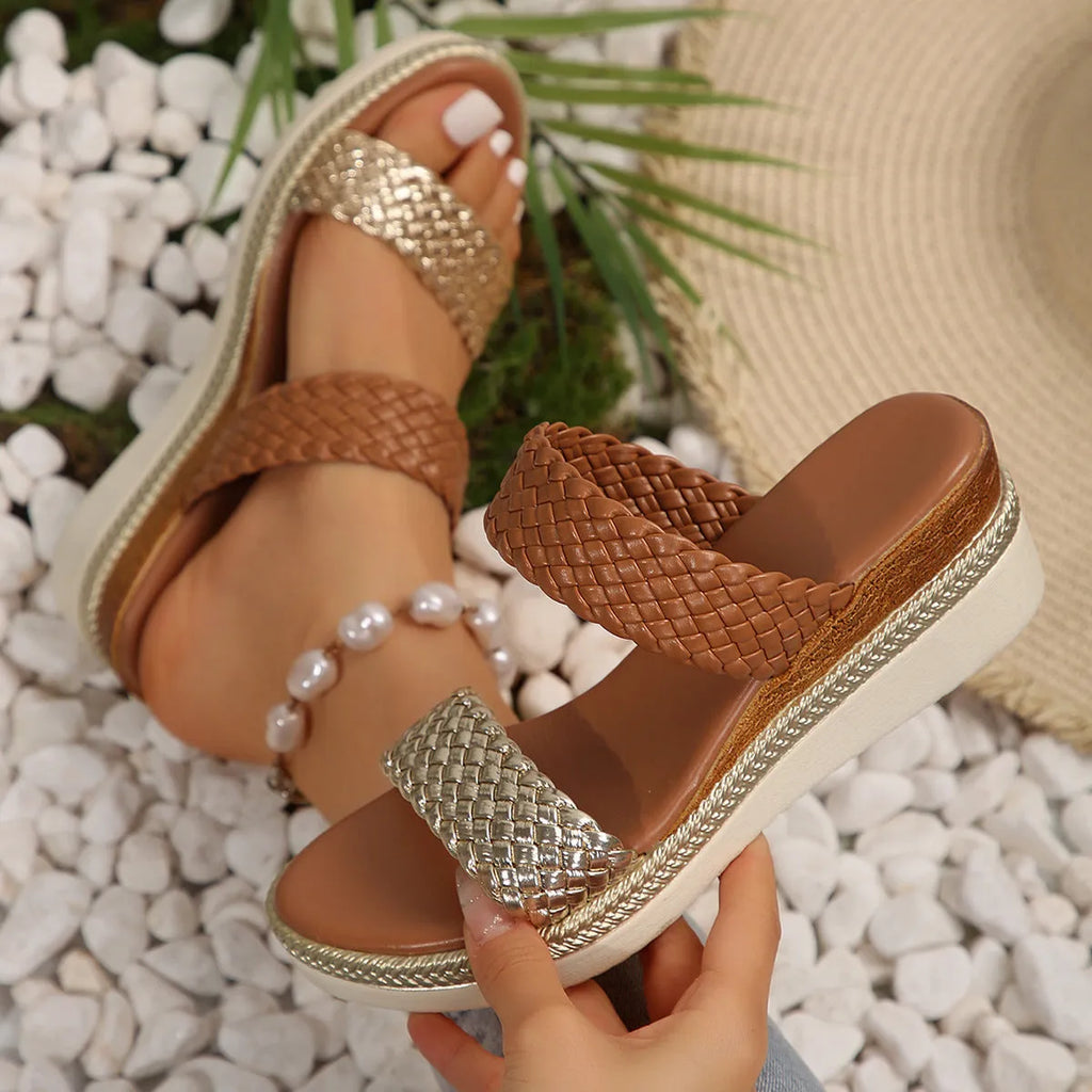 Women's gold wedge sandals showing PU upper and rubber sole in UK size 39