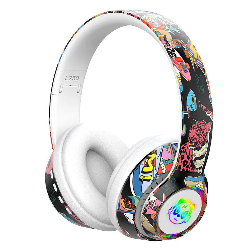 Black and white wireless Bluetooth headset with head-mounted design for sports and gaming.