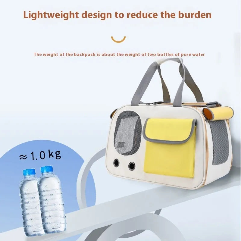 Foldable single shoulder pet carrier bag in canvas, shown in yellow, green and black colour options