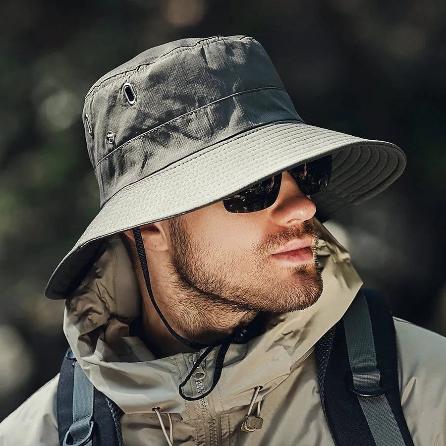 Men's big brim sun protection hat in khaki polyester fabric with dome crown, adult free size 58-60cm