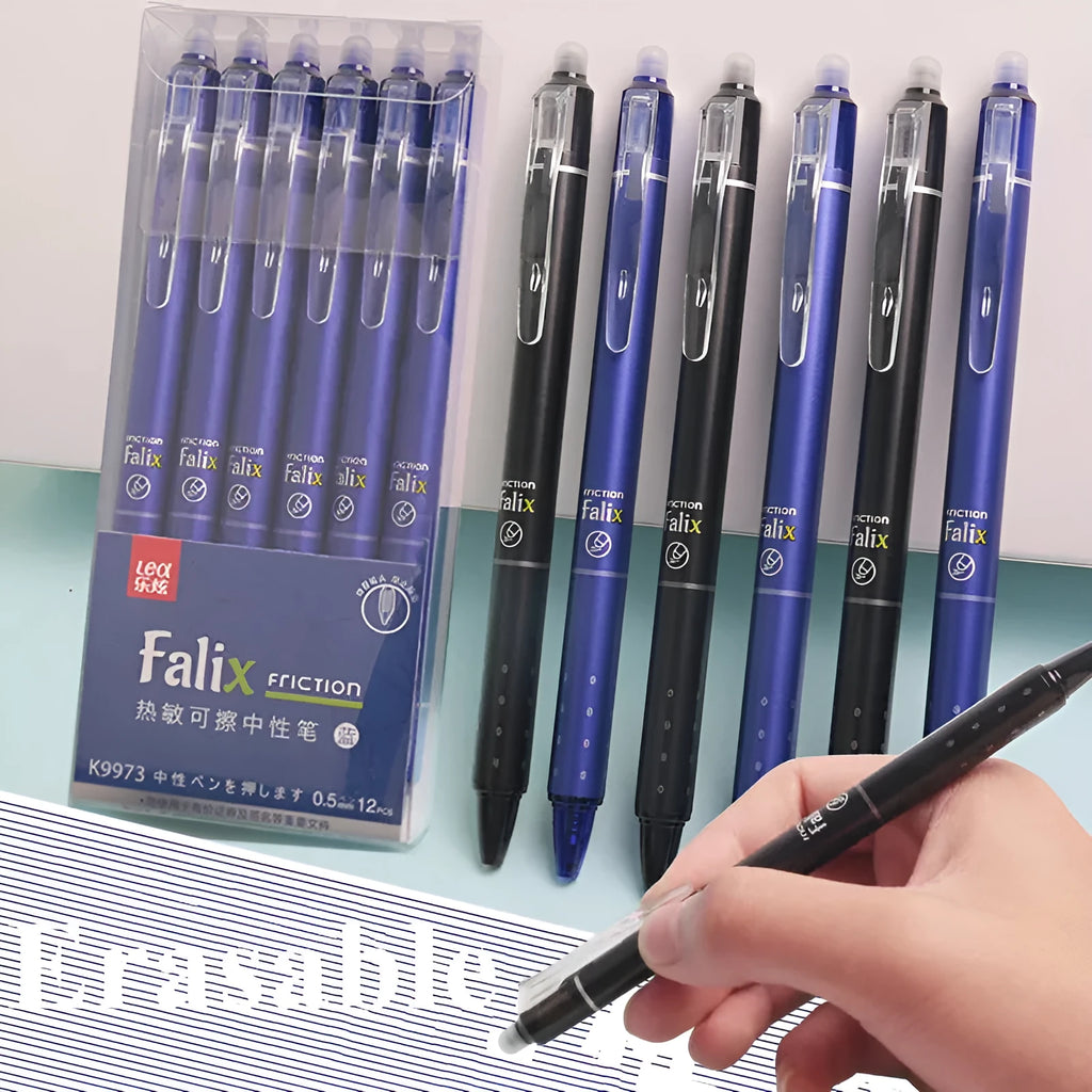 Hot Erasable Push Gel Pen with 0.5mm tip in plastic casing, shown with blue and black ink options.