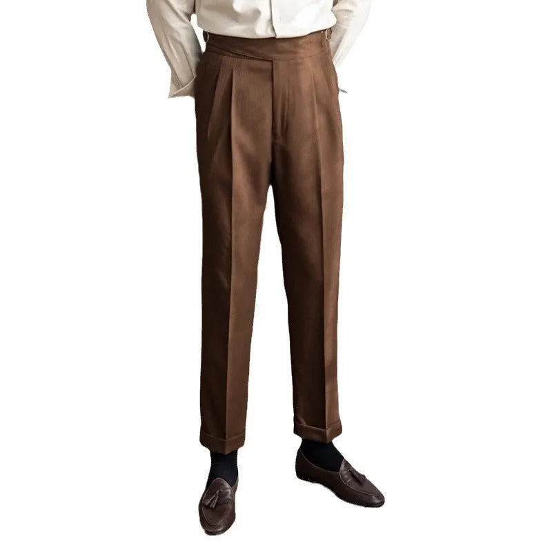 Men's high waist straight leg casual polyester trousers in black, shown laid flat.