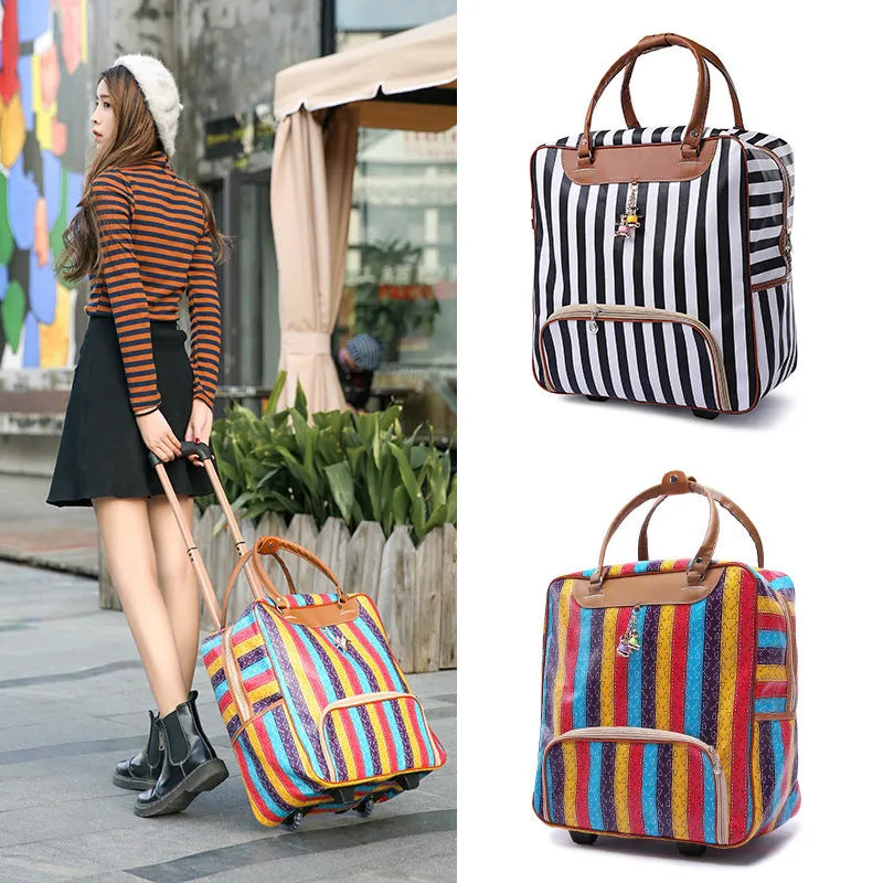 PU trolley suitcase with wheels shown in a choice of eight different colour and pattern designs.