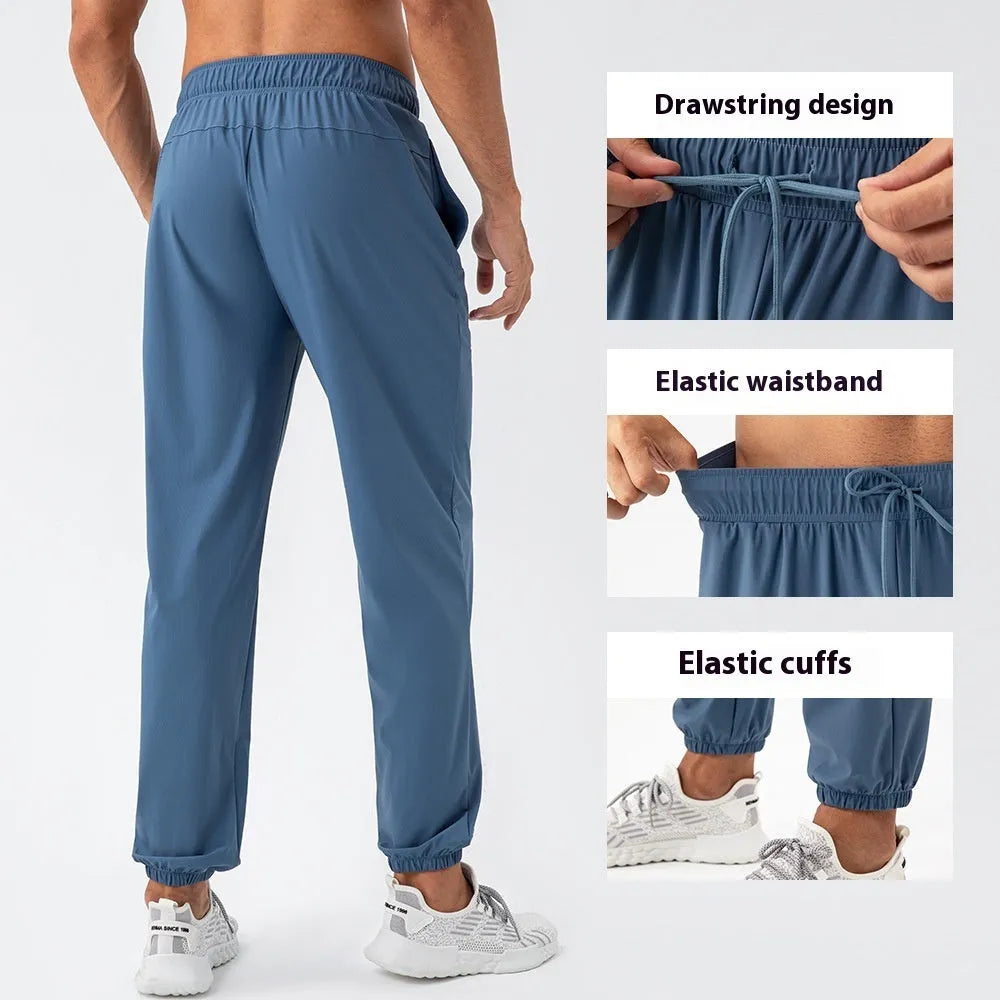 Men's nylon cool feeling loose track pants, quick-drying, black colour, running fitness training trousers