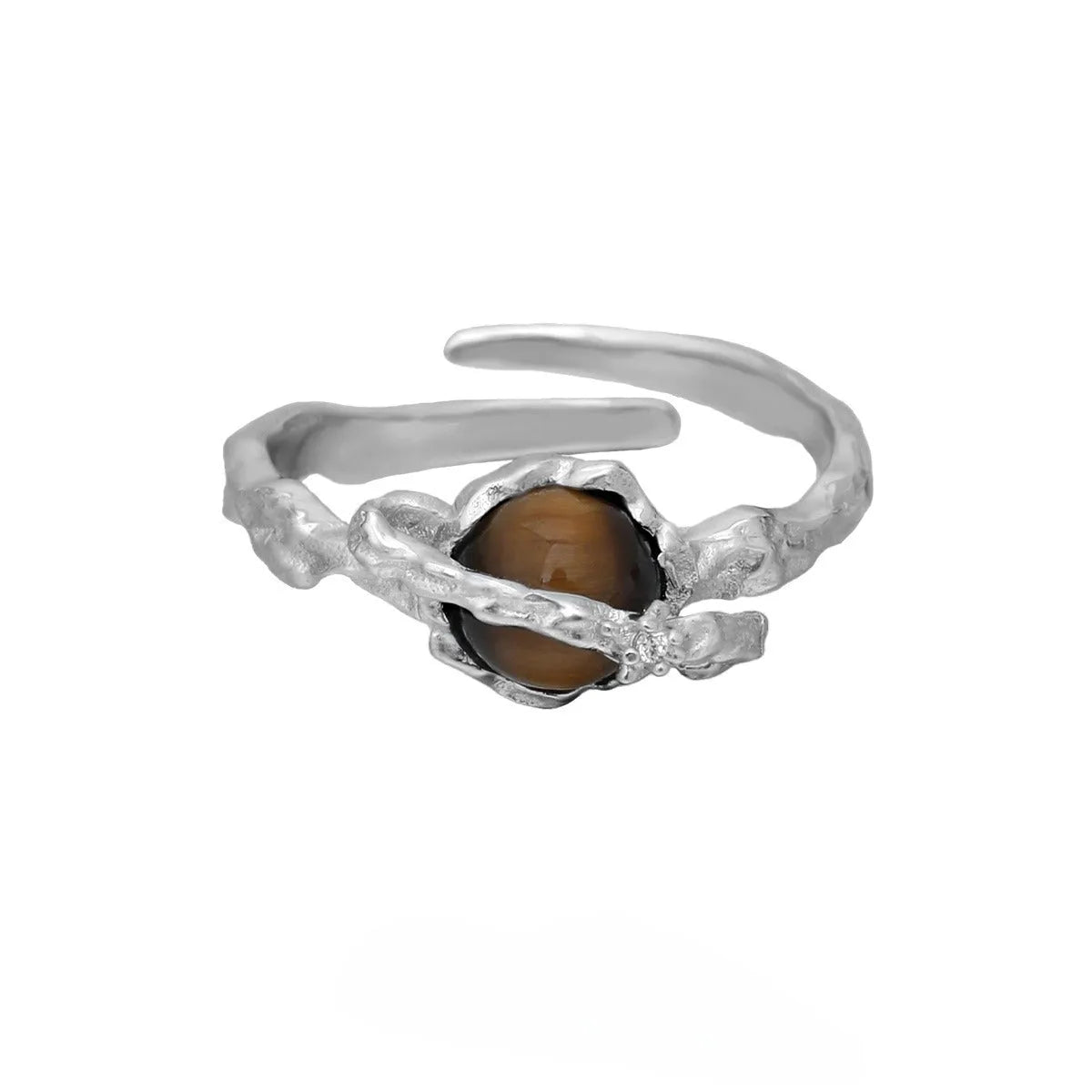 Silver open ring with Saturn design and white gold plating, shown with adjustable opening.