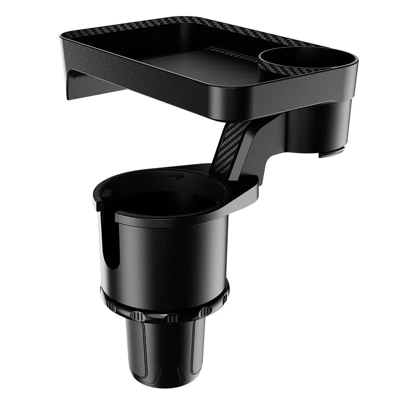 Black car cup holder with an integrated rotating dinner tray, shown in a vehicle.