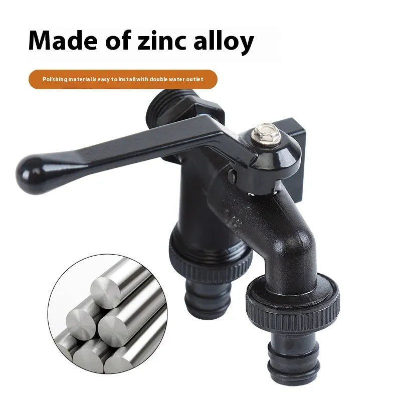 Black zinc alloy double water outlet garden nozzle faucet on white background
