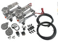 280W 200psi air compressor set in silver and black, two-piece kit for car tyre inflation.