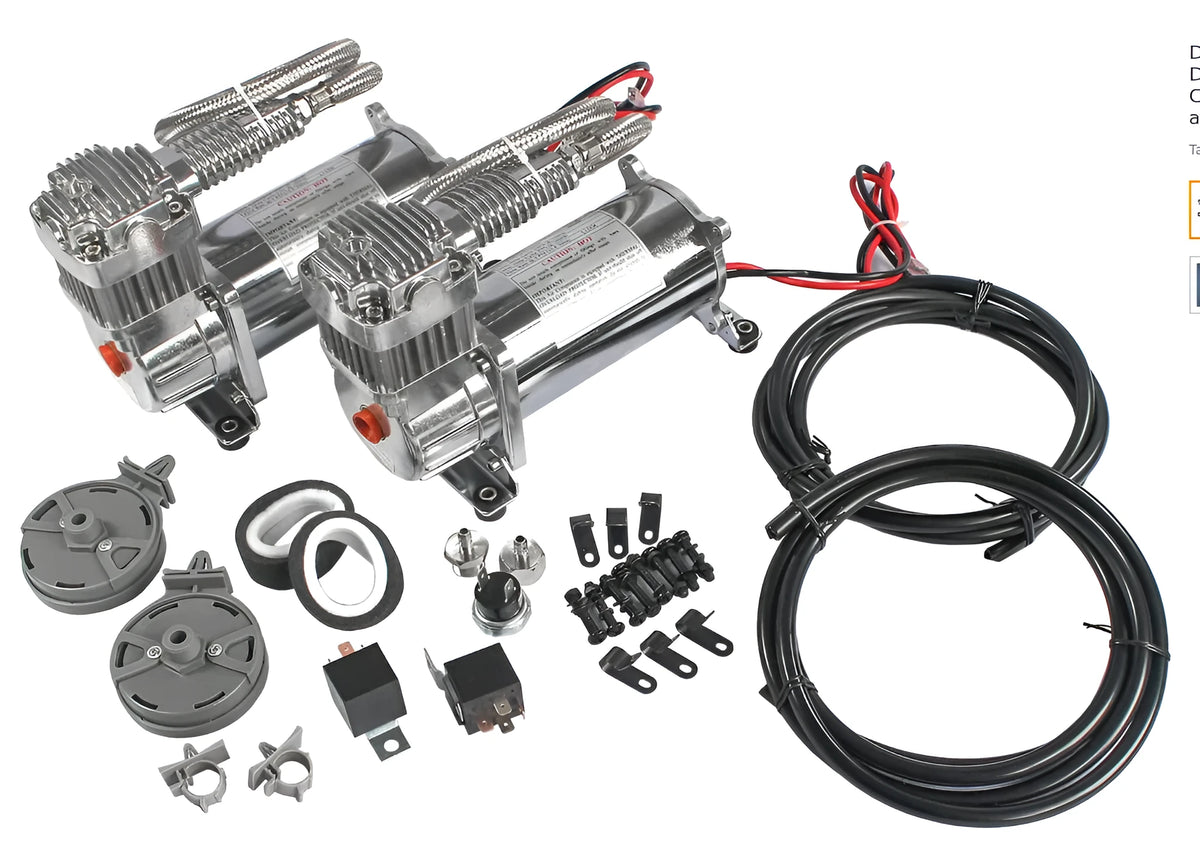 280W 200psi air compressor set in silver and black, two-piece kit for car tyre inflation.