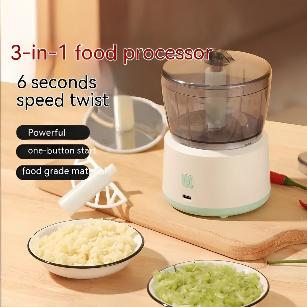 Mini electric meat grinder with transparent bowl in light green colour on a kitchen countertop.