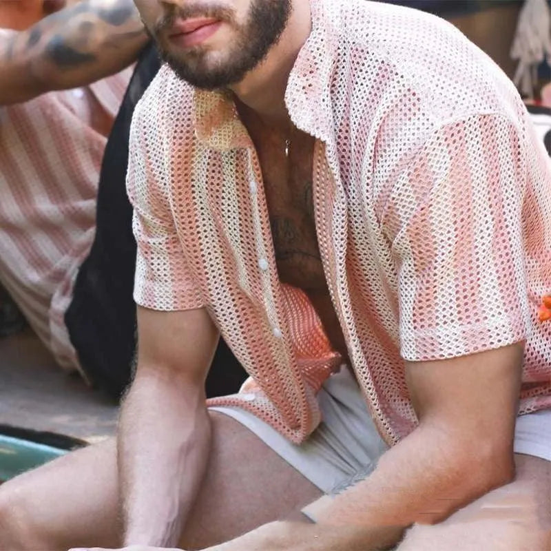 Men's pink waffle-textured summer shirt with short sleeves and cardigan style