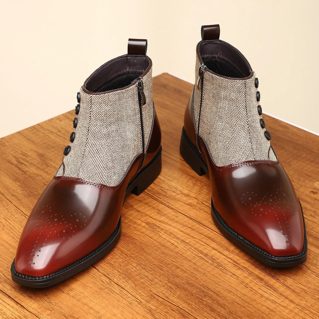Brown retro men's formal shoes with side zip, square toe, and a low square heel on a plain background.