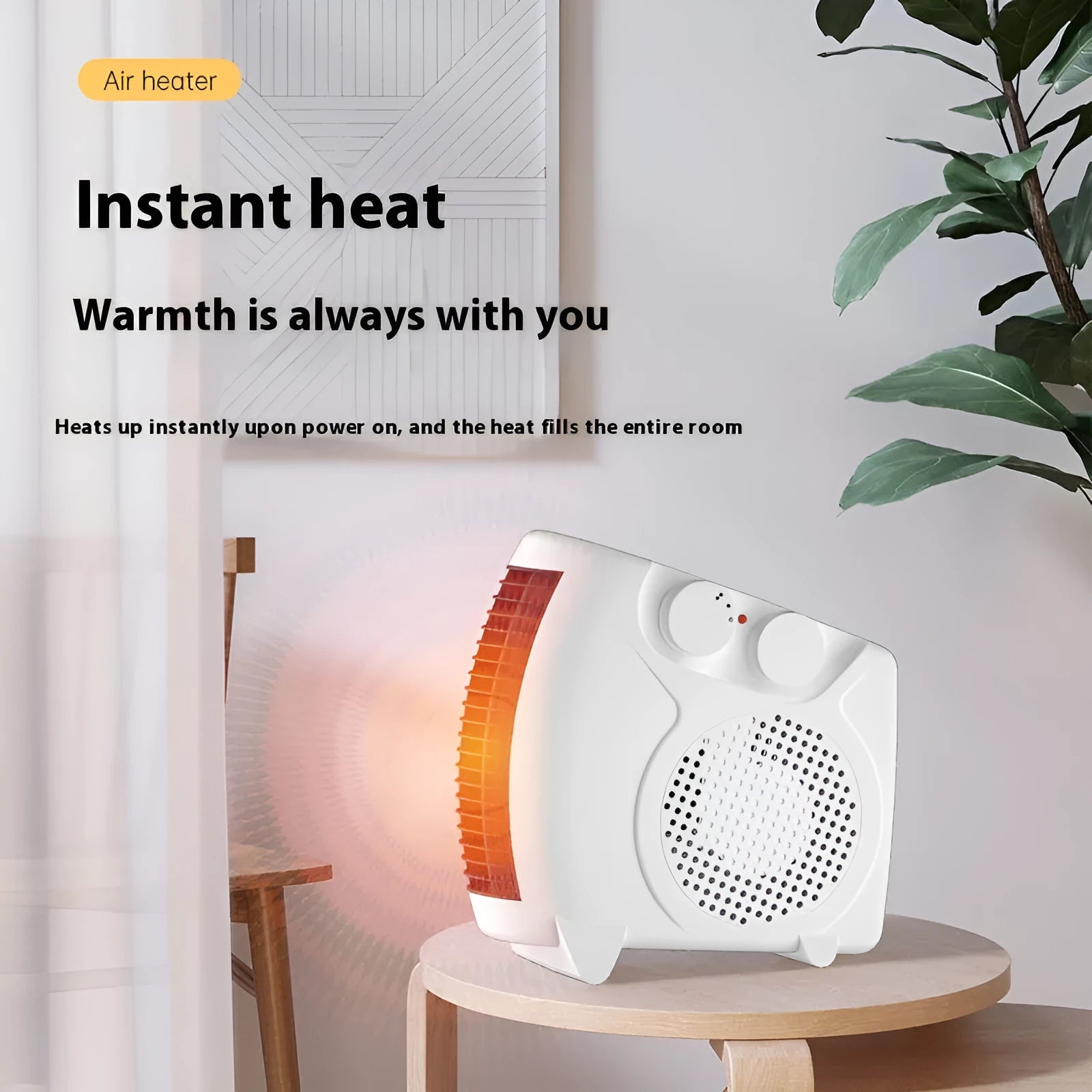 White rectangular desktop electric heater with power settings and a front grille, placed on a wooden desk.