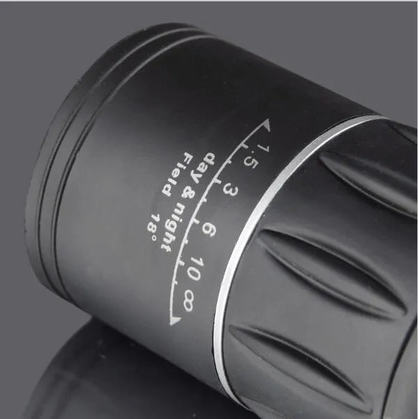Black 16x52 monocular telescope showing compact 145mm size with 52mm objective lens and eyepiece adjustment