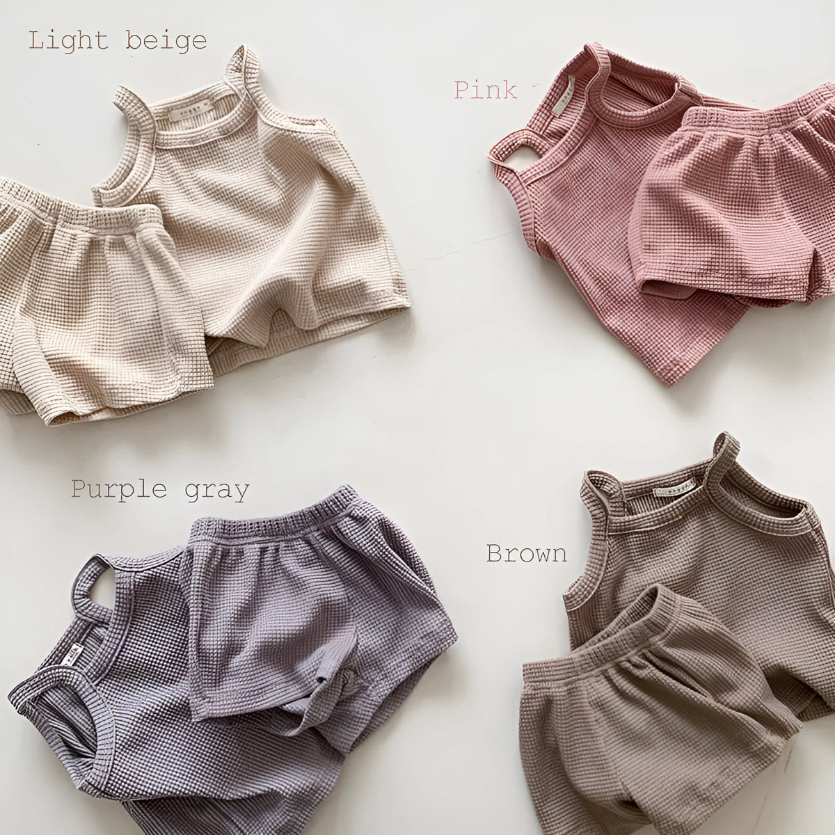 Infant thin cotton waffle suspender shorts suit in four colours, two-piece set for babies