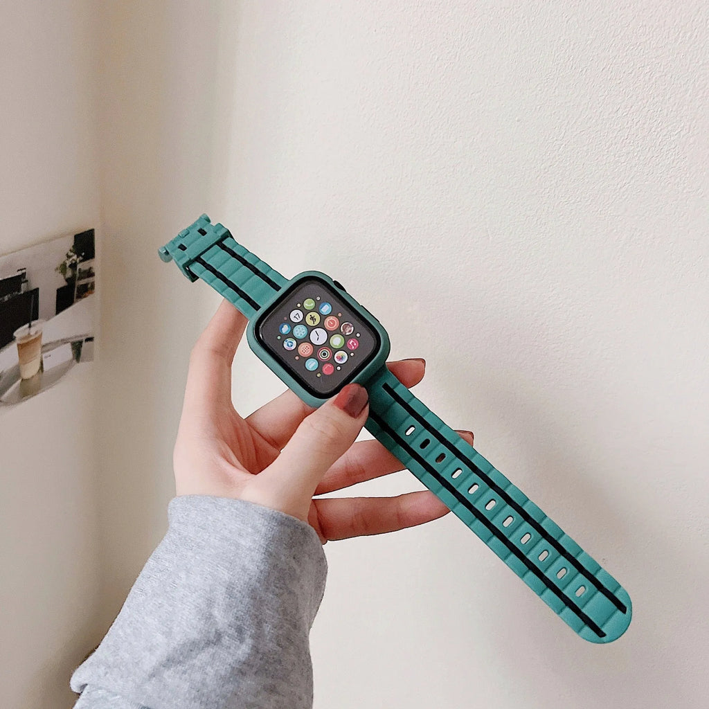 Silicone Apple Watch strap set with hard PC bumper case in pink and black, multiple sizes available