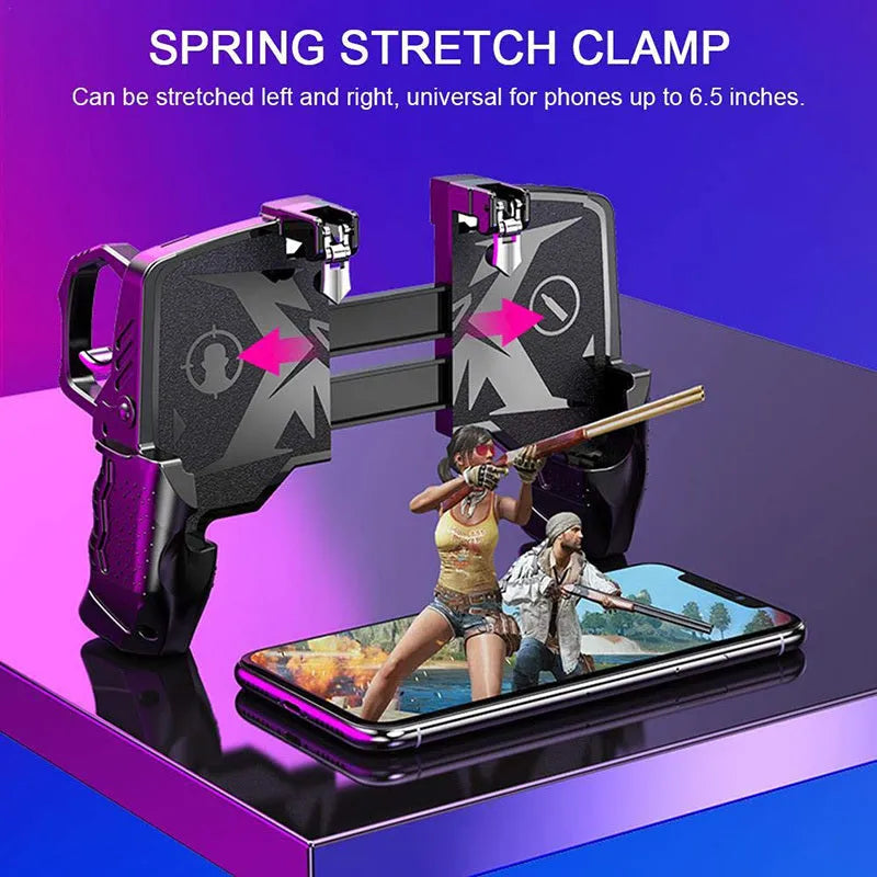 Black multi-function gamepad for PUBG Mobile with integrated phone holder and ergonomic handle design