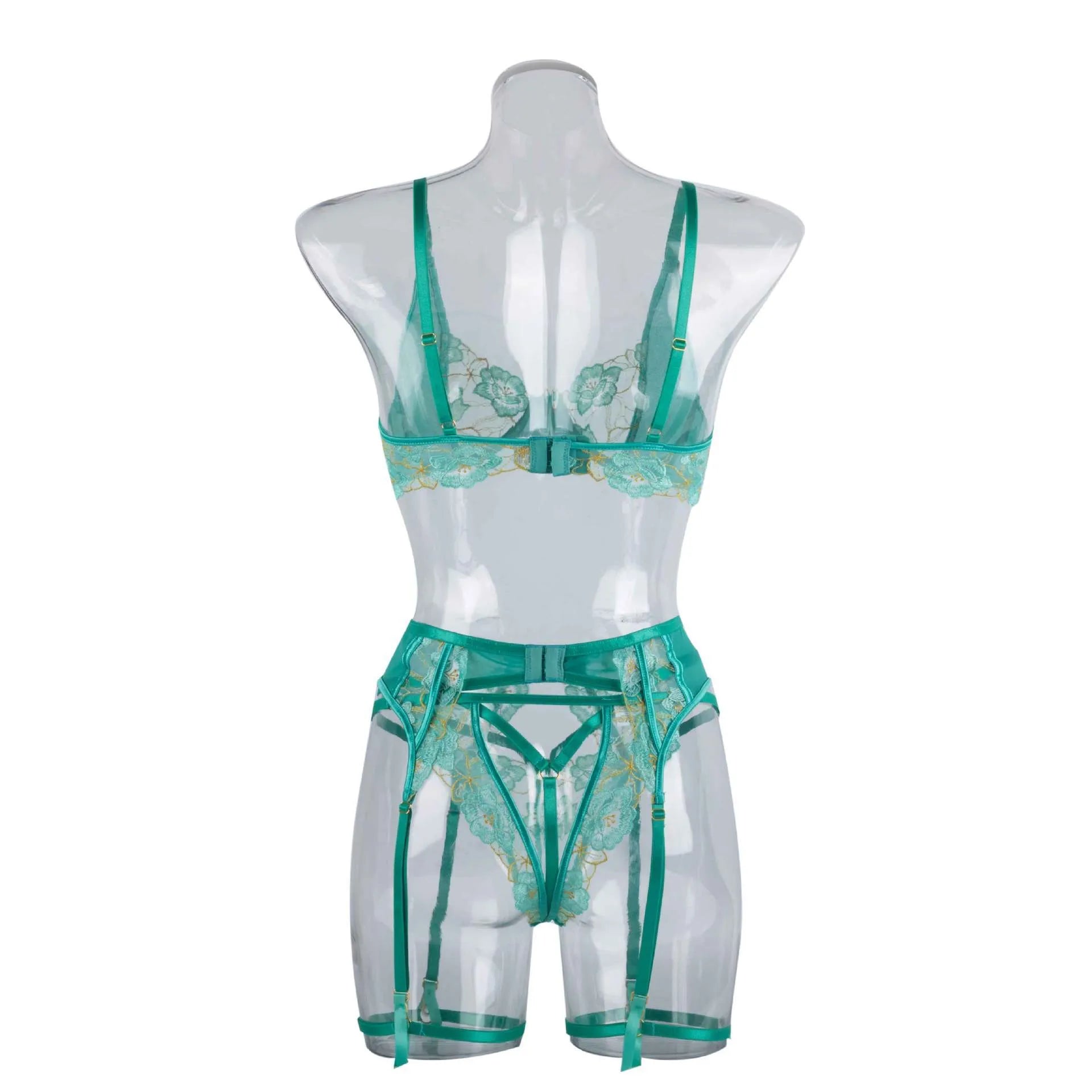 Light green women's embroidered bra and bikini set in three-point tights style