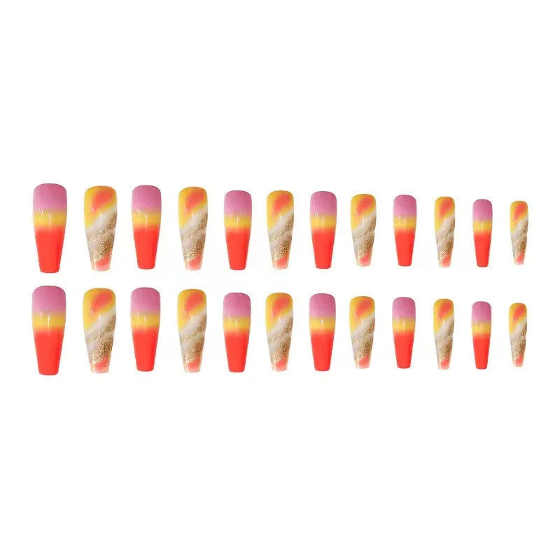 Rainbow gradient fake nails long pointed marble pattern 24 pieces with glue