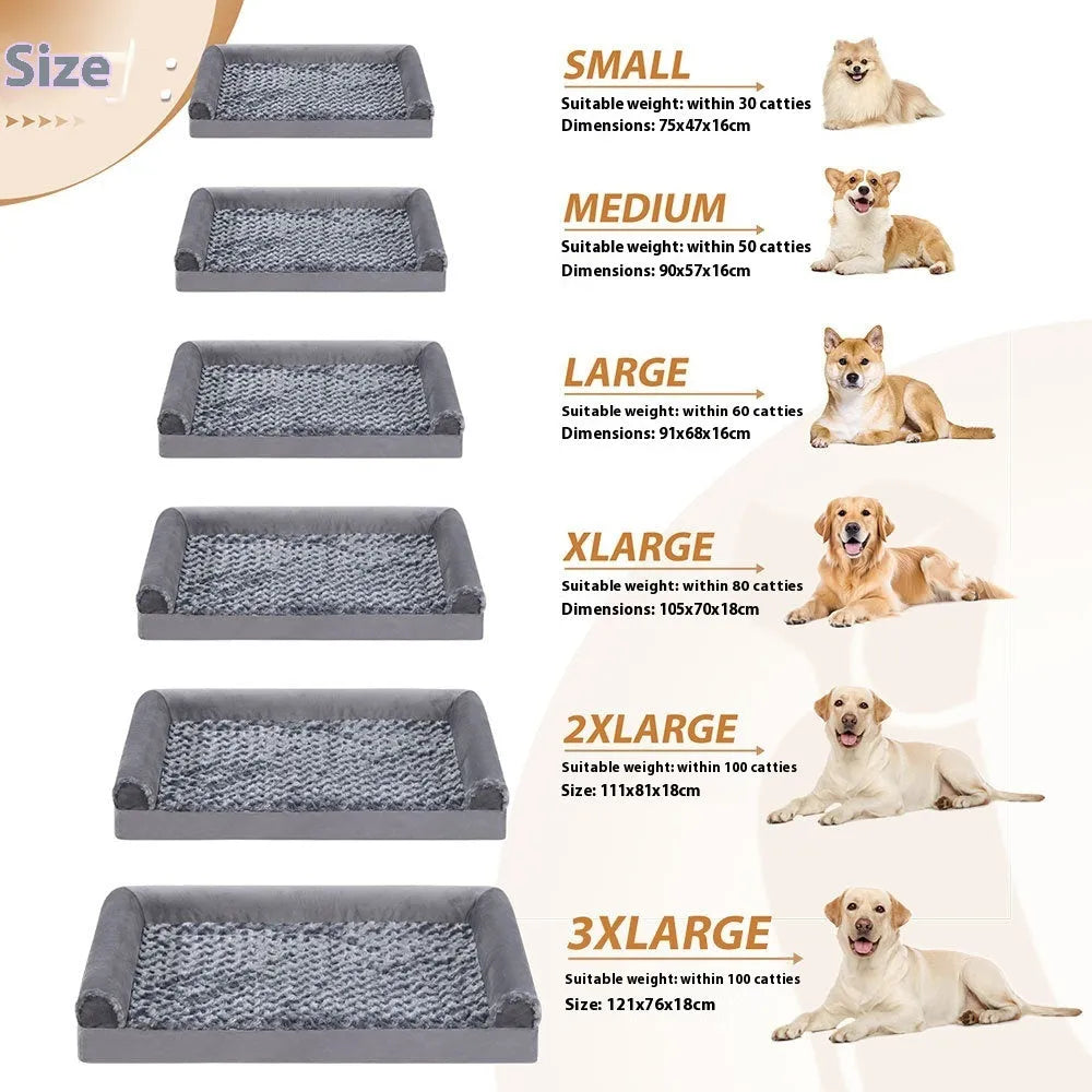 Grey U-shaped removable cover pet sofa bed for dogs on a wooden floor.