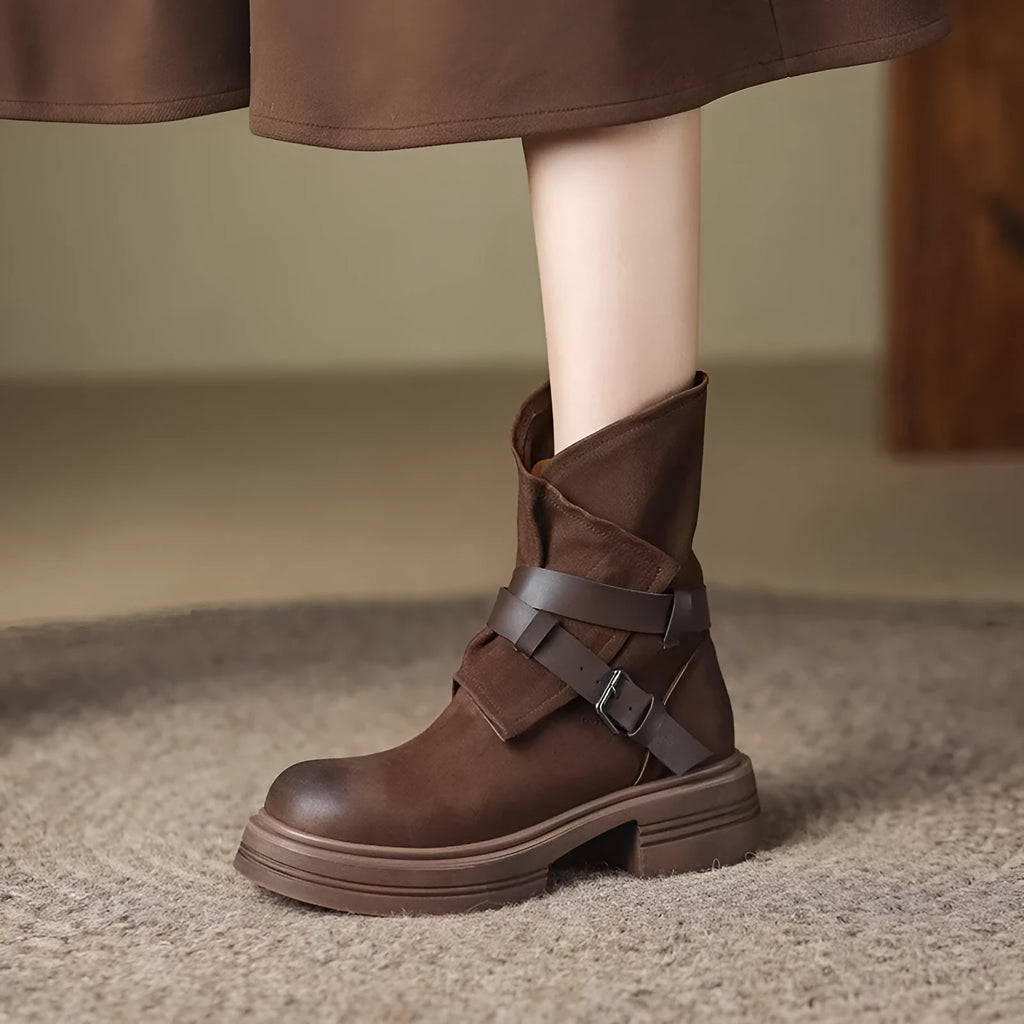 Brown retro British style women's ankle boots with mid-heel platform, buckle closure, round toe, and rubber sole