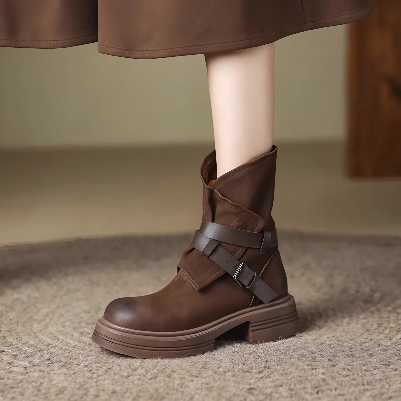 Brown retro British style women's ankle boots with mid-heel platform, buckle closure, round toe, and rubber sole