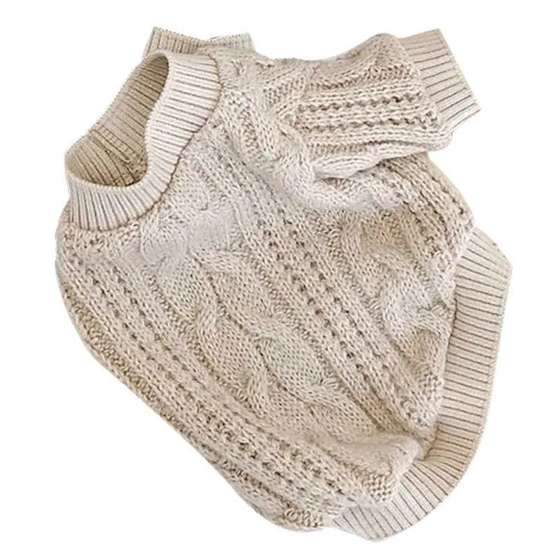 Beige wool dog sweater on a pet, solid colour knit, five sizes XS to XL available