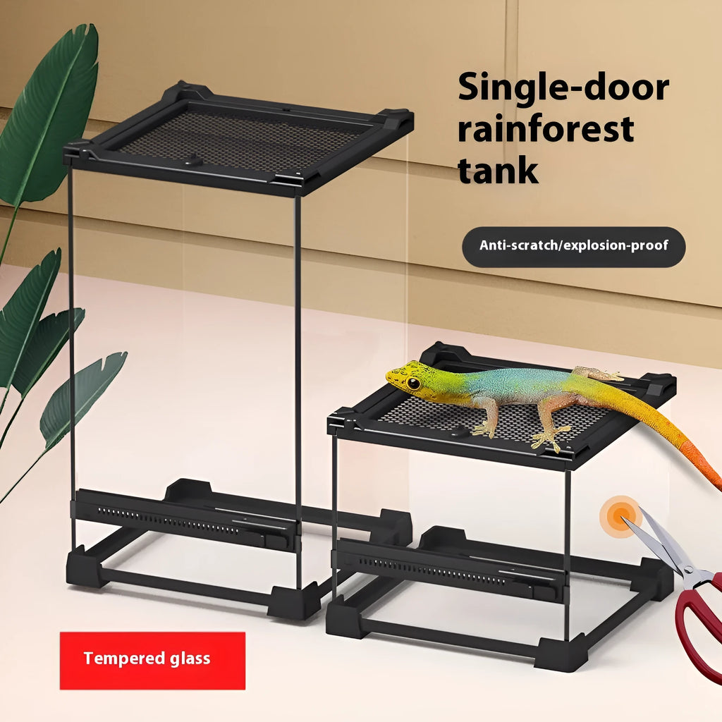 Transparent glass cylinder reptile enclosure for lizards and turtles on a white background.