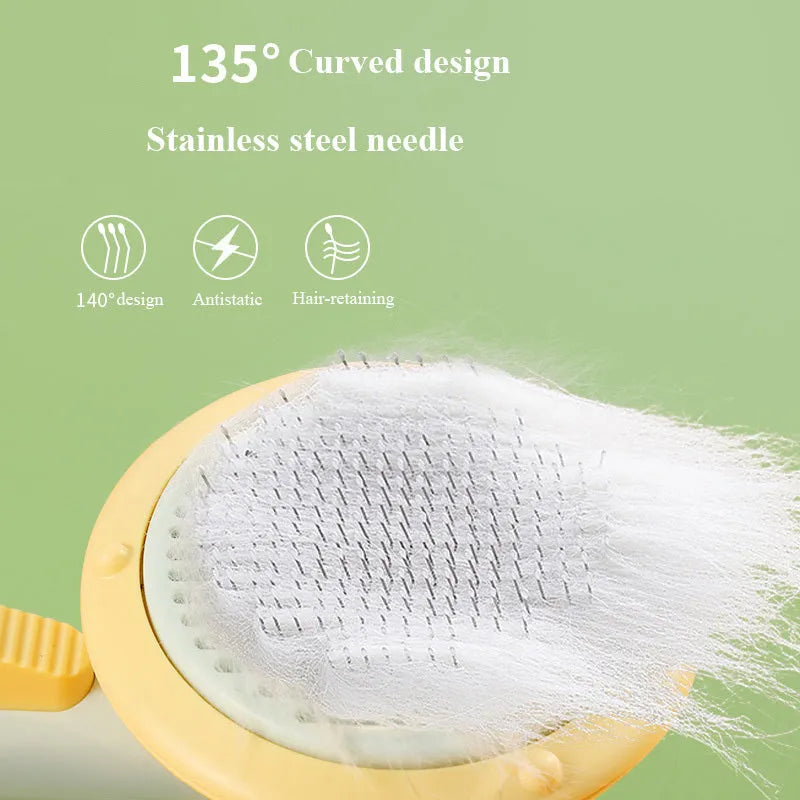 Pumpkin-coloured self-cleaning pet grooming brush with stainless steel needles for cats and dogs.