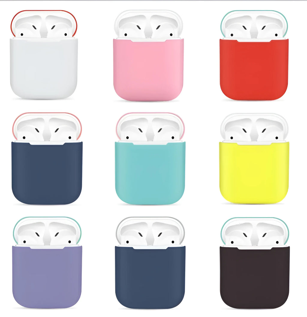 Silicone protective sleeve for Apple AirPods charging case shown in a selection of solid colours including black, blue, and pink.
