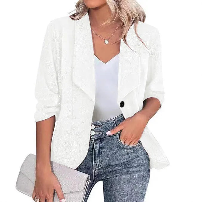 Women's slim fit cardigan suit jacket in polyester available in black, white, or wine red