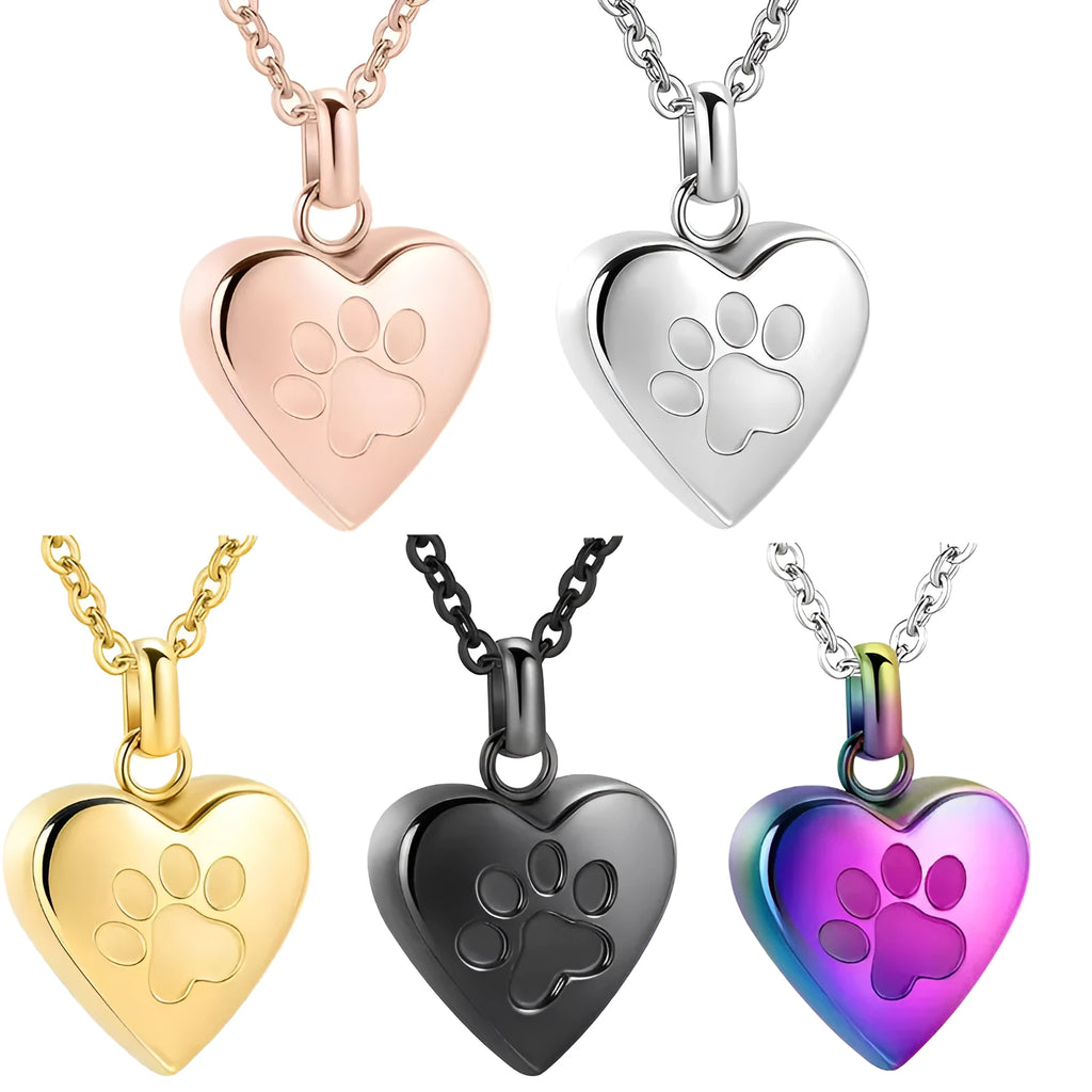 Openable heart-shaped titanium steel casket necklace on a chain, shown in multiple colour finishes.