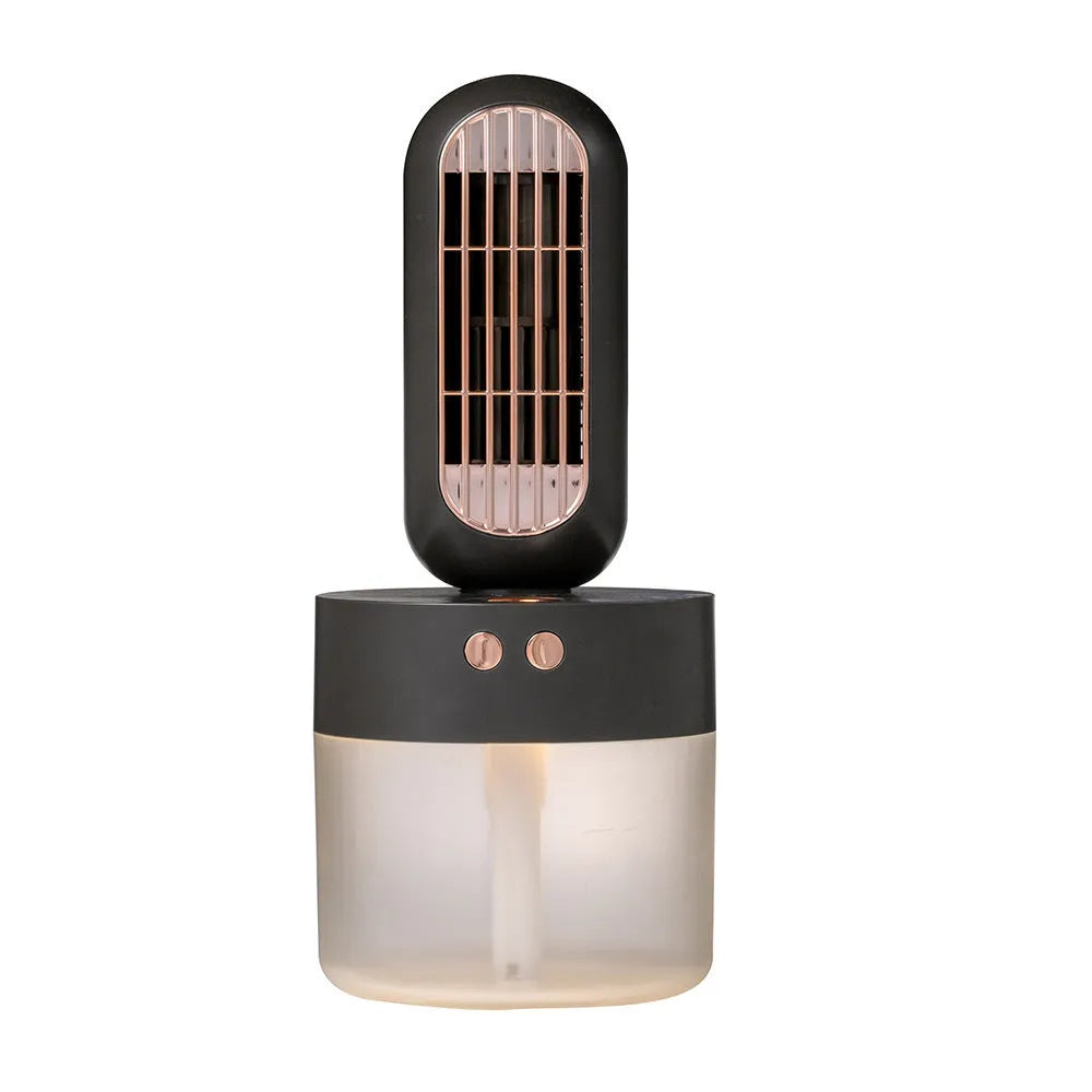 Small black and white oscillating humidifier fan with mechanical controls and charging capability