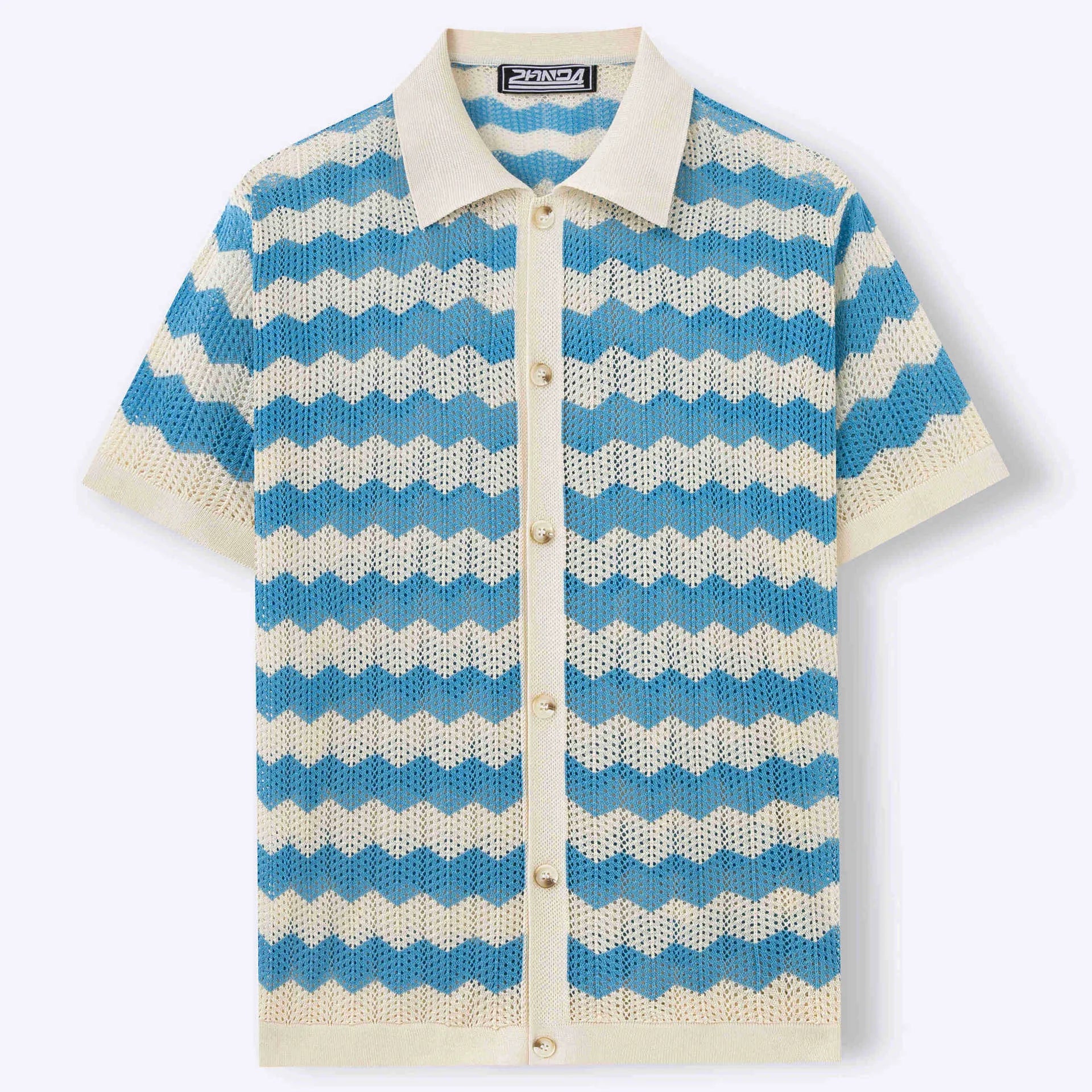 Man's short-sleeve blue sweater with a textured corduroy-like jacquard pattern, showing detail of the fabric weave.