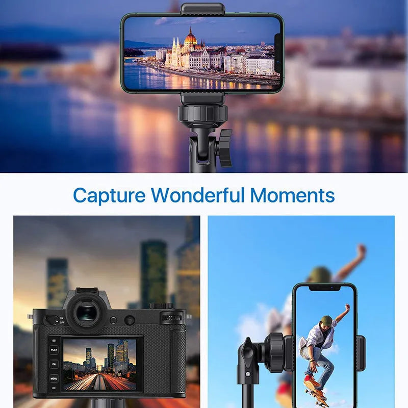 Black aluminium alloy selfie stick tripod with 5 sections collapsed to 45cm height with smartphone clamp