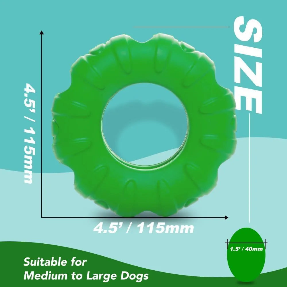 Blue, green, and red beef-flavoured tyre-shaped dog chew toy made from natural rubber.