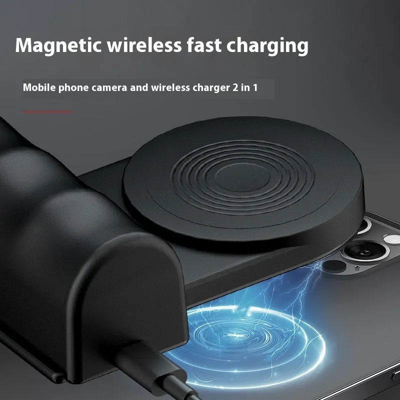 Carbon fibre wireless charging phone stand with 3000mAh battery in black, blue, or pink
