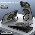 Two-in-one aluminium alloy phone case with leather spring fastener and rotating bracket in black and blue colour