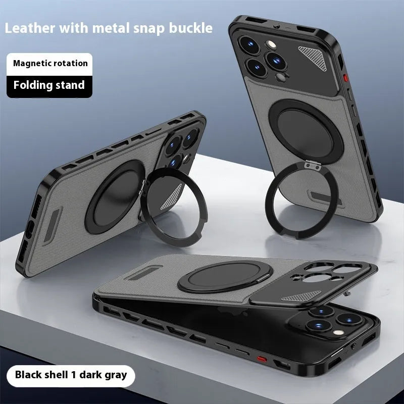 Two-in-one aluminium alloy phone case with leather spring fastener and rotating bracket in black and blue colour