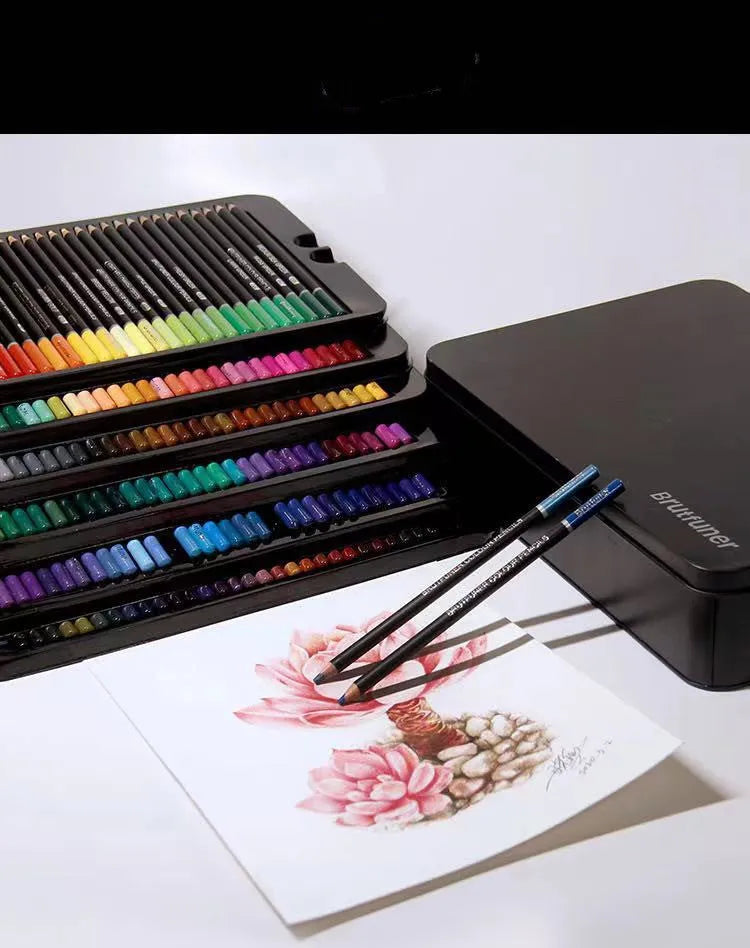 180-colour oil-based pencils with wooden casings and multi-colour brush pens in iron box
