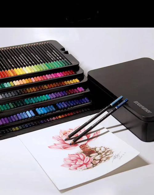 180-colour oil-based pencils with wooden casings and multi-colour brush pens in iron box