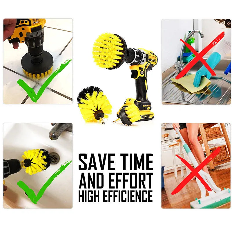 Three nylon drill brushes in different sizes for cleaning bathroom, tile and grout surfaces.