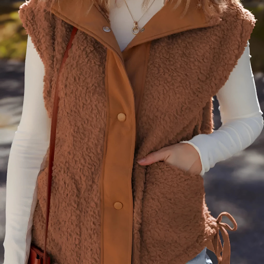 Women's beige cinnamon faux fur snap-front sleeveless vest with pockets, casual style