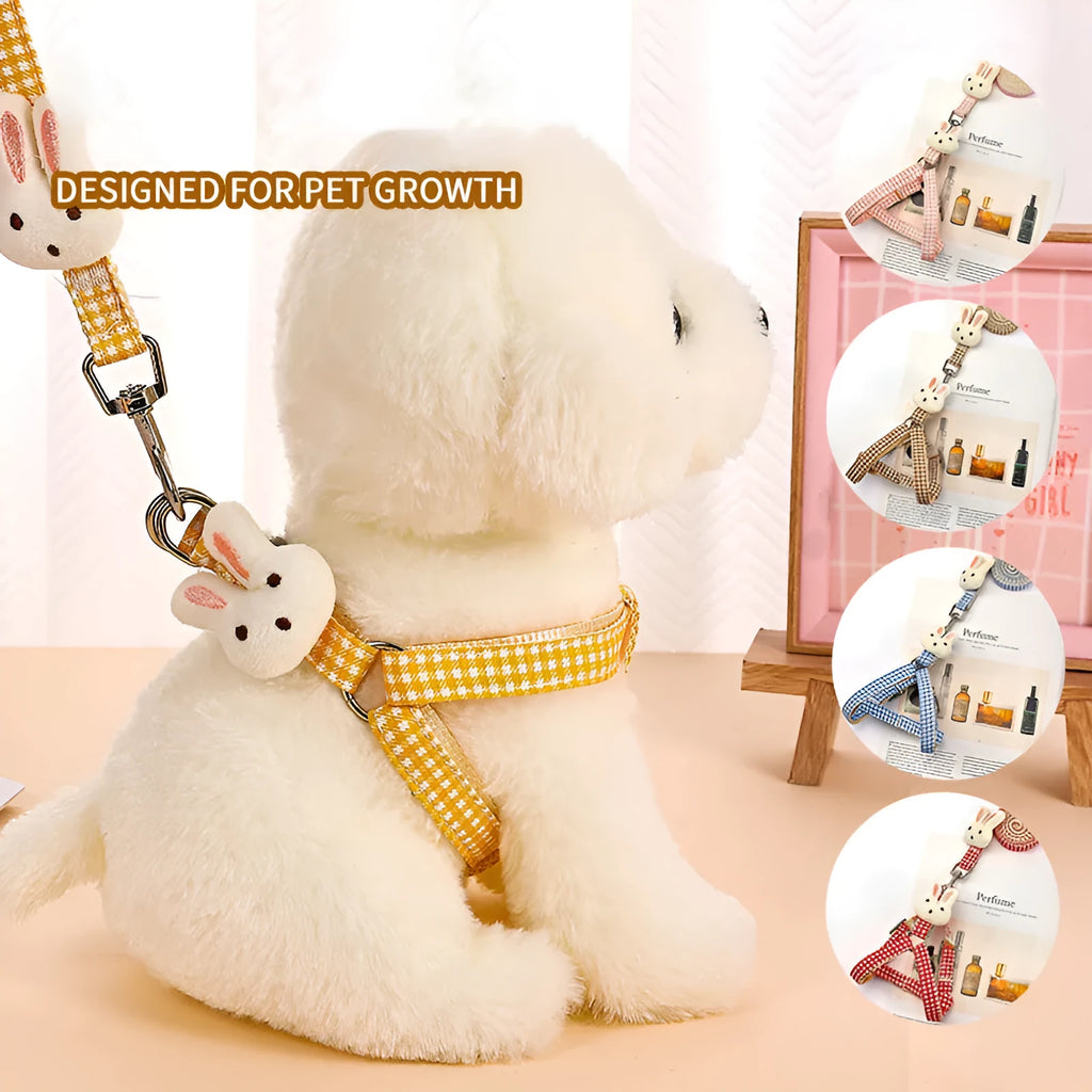 Blue quick-release nylon dog harness and leash set for small pets on a white background.