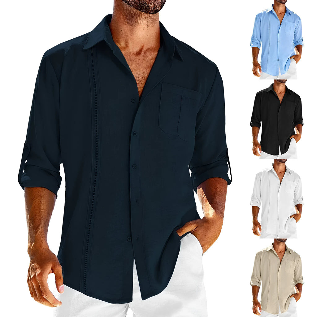 Men's grey cotton blend long sleeve shirt with lace polo collar and chest pocket